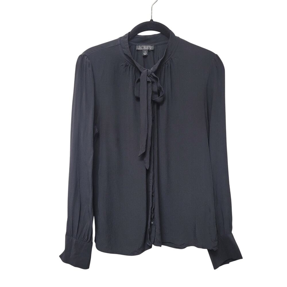 J.Crew Black Tie Neck Blouse Size 10 Long Sleeve Career Minimalist Office